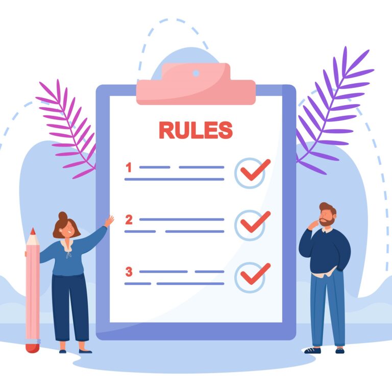 Tiny business people reading list of rules. Man and woman making checklist for control of companys management on huge clipboard flat vector illustration. Guidance concept